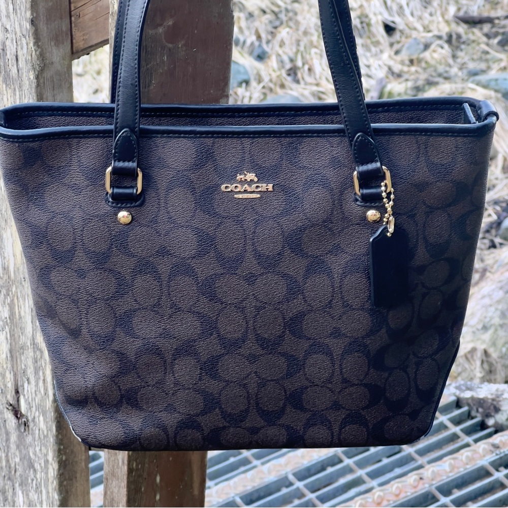 Original COACH F58294 Signature Zip Top Tote - Brown Black
